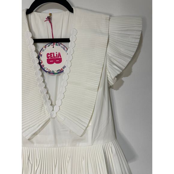 Celia B Bjorn Dress White Crisp Cotton Size Large NWT Pleated Ruffled Trim - Picture 6 of 16